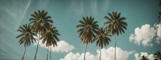 azul céu e Palma árvores Visão a partir de abaixo, vintage estilo, tropical de praia e verão fundo, viagem conceito. ai gerado foto