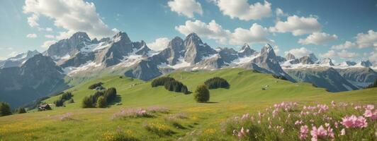 idílico montanha panorama dentro a Alpes com florescendo prados dentro primavera. ai gerado foto