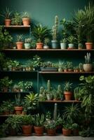 uma quarto com muitos diferente tipos do plantas em prateleiras foto