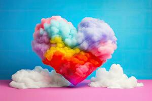 colorida coração fez do nuvens em azul fundo. 3d Renderização, colorida coração dentro a Formato do uma nuvem em uma colorida fundo, ai gerado foto