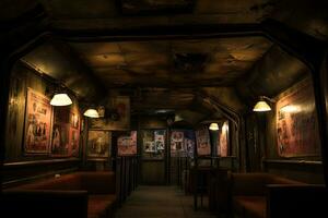 a interior do uma restaurante dentro a velho cidade do Praga, tcheco república, subterrâneo noite clube, dançarinos dentro macio, angustiado roupas balançar graciosamente debaixo a Holofote, ai gerado foto