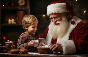 crianças fazer biscoitos com santa claus dentro seus cozinha foto