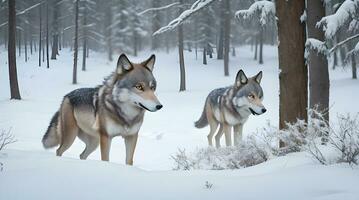 uma cativante fotografia do uma par do majestoso Lobos dentro a sereno abraço do uma Nevado região selvagem. ai gerado foto