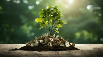 dinheiro flores. árvore florescente em uma pilha do dinheiro para investimento e financeiro crescimento conceitos foto