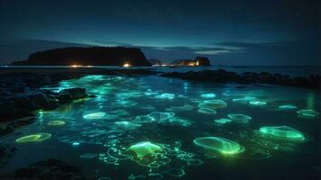 encantador bioluminescente plâncton dança dentro a meia noite oceano brilho foto