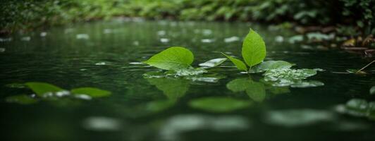 verde folhas refletindo dentro a água, raso foco. ai gerado foto