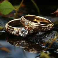 uma par do ouro argolas, romântico celebração Projeto fundo às casamento, amar. ai generativo conceito foto
