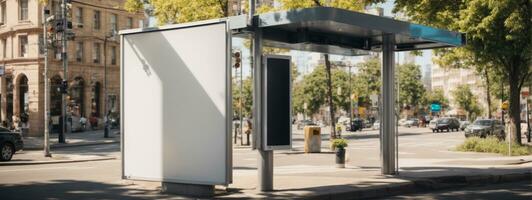 vertical em branco branco Painel publicitário às ônibus Pare em cidade rua. dentro a fundo edifícios e estrada. zombar acima. poster em rua Próximo para estrada. ensolarado verão dia.. ai gerado foto