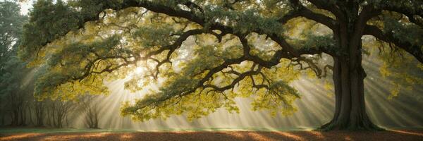 velho carvalho árvore folhagem dentro manhã luz com luz solar. ai gerado foto