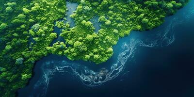 generativo ai, verde lindo amazonense selva panorama com árvores e rio, zangão Visão foto