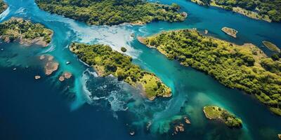 generativo ai, verde lindo amazonense selva panorama com árvores e rio, zangão Visão foto