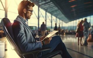 homem de negocios dentro aeroporto terminal foto