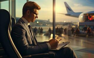 homem de negocios dentro aeroporto terminal foto