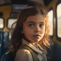 pequeno criança escola menina e ônibus. generativo ai foto