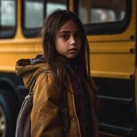 pequeno criança escola menina e ônibus. generativo ai foto