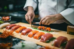 eficiente mãos chefe de cozinha preparando Sushi cozinhar. gerar ai foto