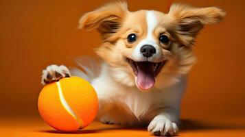 fofa galês corgi cachorro com bola em laranja fundo. foto