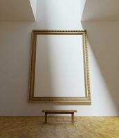 simples minimalista do uma vintage de madeira quadro, Armação brincar suspensão em a branco parede dentro a arte galeria museu foto