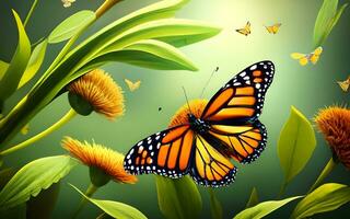 uma cativante 3d render exibindo a delicado beleza e graça do a monarca borboleta no meio uma sonhe como floral oásis. ai gerado foto