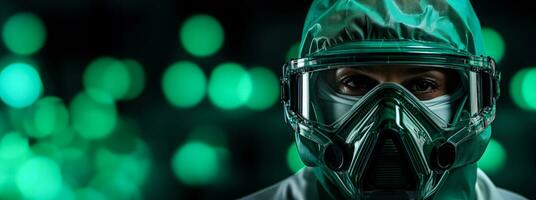 cientista vestindo pessoal protetora equipamento isolado em uma gradiente verde fundo foto