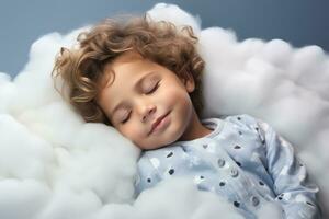 uma criança pacificamente dormindo em uma nuvem isolado em uma branco fundo foto