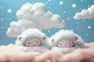 bebês cochilando em fofo nuvem camas dentro uma mágico aura fundo com esvaziar espaço para texto foto