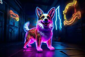vibrante corgi cachorro cyberpunk néon luzes. gerar ai foto