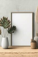 generativo ai. em branco cenário quadro, Armação brincar em parede dentro moderno interior. obra de arte modelo zombar acima dentro interior foto