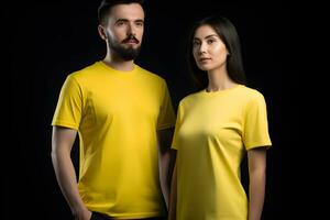 generativo ai. em branco amarelo camiseta brincar em masculino e fêmea modelo mostruário seu desenhos dentro estilo foto