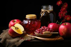 rosh Hashaná judaico Novo ano feriado conceito. tradicional símbolos, maçãs romã e querida para rosh hashaná, ai gerado foto