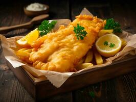generativo ai. peixe e salgadinhos - uma deliciosamente clássico britânico prato para todos para apreciar foto