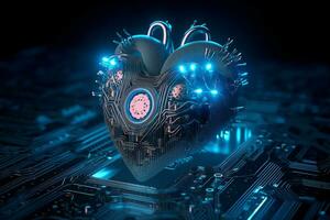generativo ai. digital amor azul coração em forma Como computador o circuito borda foto
