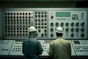 especialista engenheiros gerenciando nuclear poder plantar ao controle painel. generativo ai foto