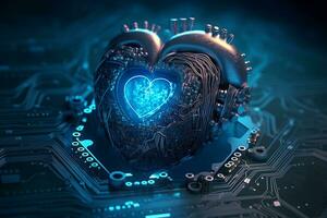generativo ai. digital amor azul coração em forma Como computador o circuito borda foto