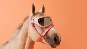 generativo ai, legal eqüino vibrações uma cavalo esportivo à moda oculos de sol em uma pastel fundo foto