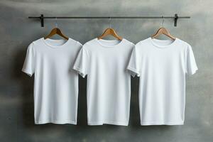 3 branco t camisas em cinzento fundo. generativo ai. foto