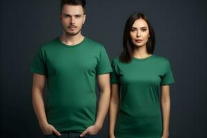 generativo ai. em branco verde camiseta brincar em masculino e fêmea modelo mostruário seu desenhos dentro estilo foto