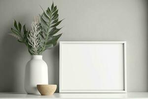 generativo ai. minimalista branco quadro, Armação brincar com plantar dentro na moda vaso em cinzento parede foto