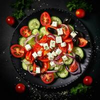 saudável verde salada com fresco tomate, pepino, vermelho cebola e alface dentro tigela em Sombrio pedra fundo. topo visualizar. generativo ai. foto