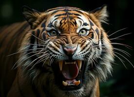 retrato do tigre face rugindo fechar acima. generativo ai. foto