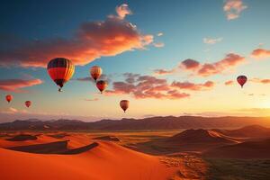 quente ar balões dentro a deserto às pôr do sol fundo. generativo ai foto