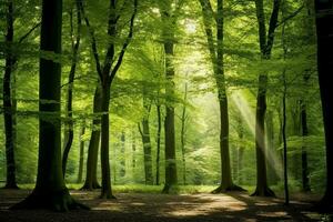 lindo outono Sol feixes dentro floresta. generativo ai. foto