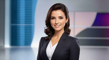 uma foto do uma televisão notícia fêmea apresentador em uma popular canal. viver corrente transmissão em televisão. ai generativo