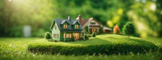 cópia de espaço do casa e vida conceito. pequeno modelo casa em verde Relva com luz solar abstrato fundo.. ai gerado foto