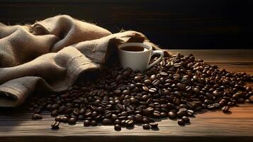 grãos de café na mesa de madeira foto