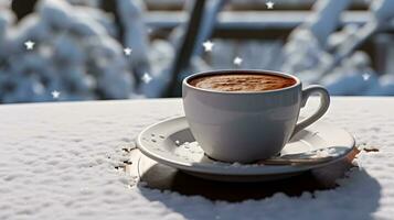 uma copo do café em branco neve foto