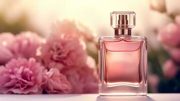 luxuoso floral aroma, fragrância garrafa e Rosa flores, perfume comercial dentro flor jardim, sob medida perfumaria e beleza produtos oferta, generativo ai foto