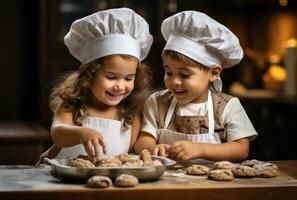 casal do crianças preparando Natal biscoitos foto