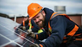técnico instalando solar painéis em telhado cobertura foto