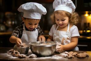 casal do crianças preparando Natal biscoitos foto